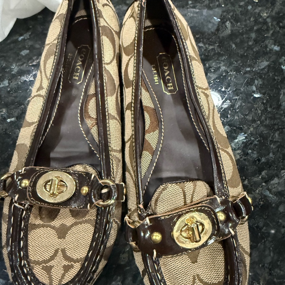 Coach Signature Pattern Brown Loafers w/ Gold Embellishments (incl. dust bag)